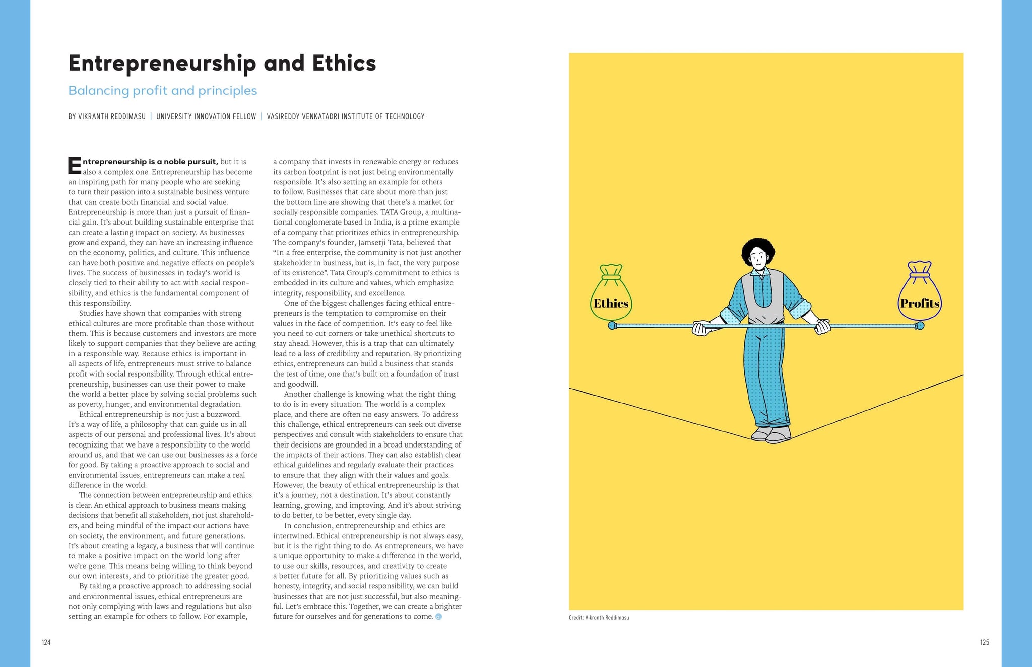 Entrepreneurship and Ethics — article spread in the Change Forward Journal with illustrations