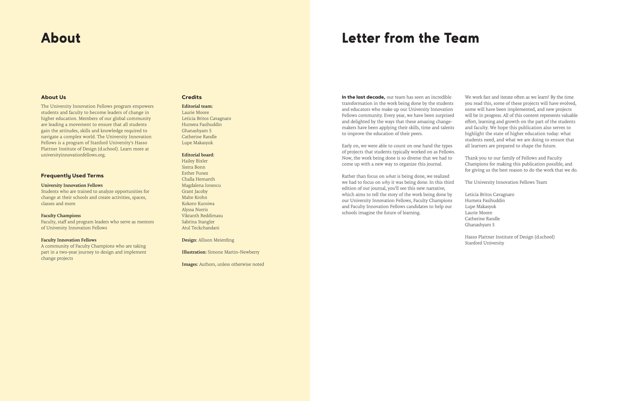 Change Forward Journal credits page showing editorial board members including Vikranth Reddimasu